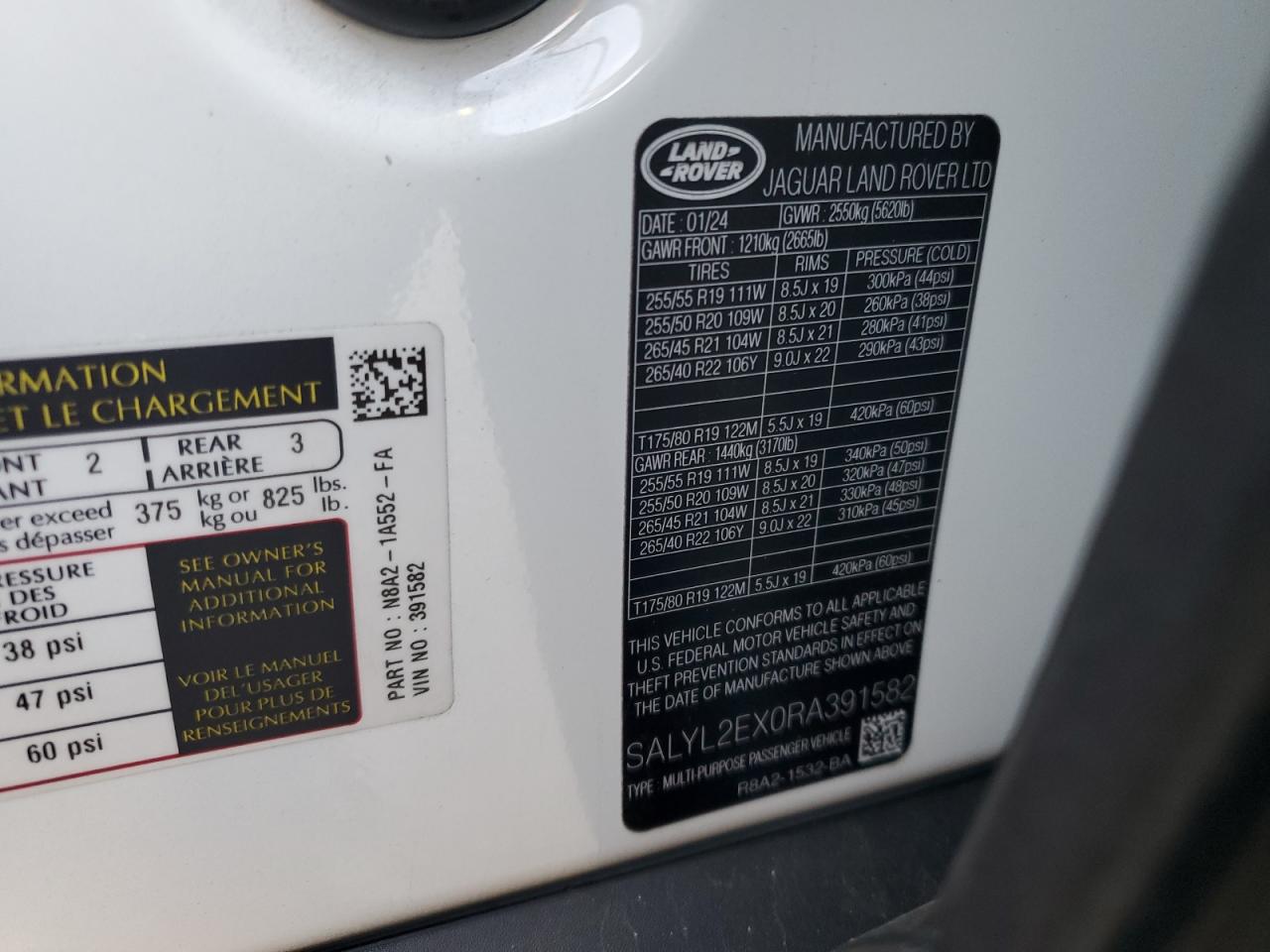 2024 LAND ROVER RANGE ROVER VELAR DYNAMIC SE VIN:SALYL2EX0RA391582