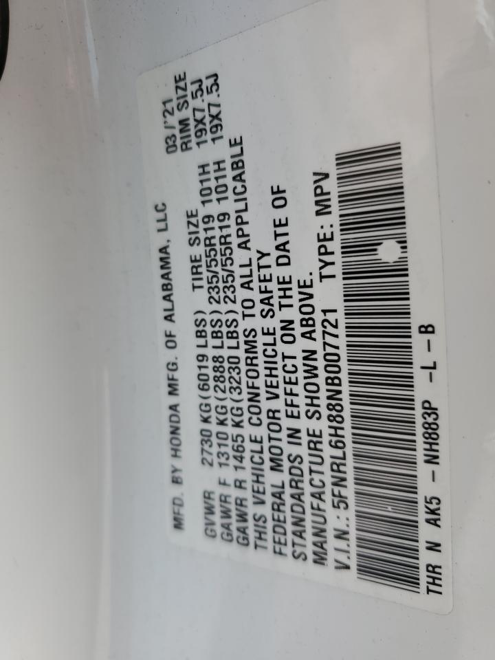 2022 HONDA ODYSSEY TOURING VIN:5FNRL6H88NB007721