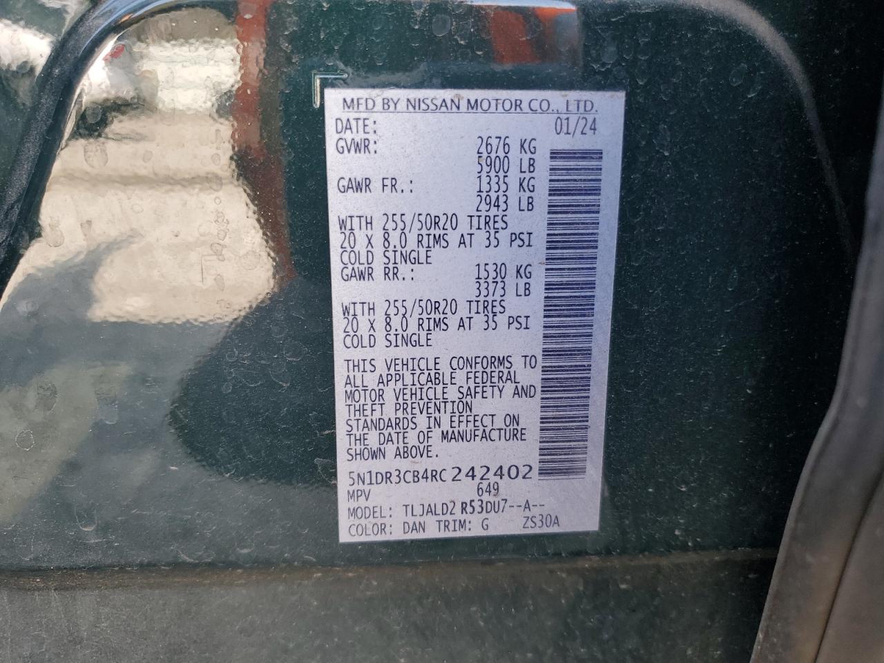 2024 NISSAN PATHFINDER SL VIN:5N1DR3CB4RC242402