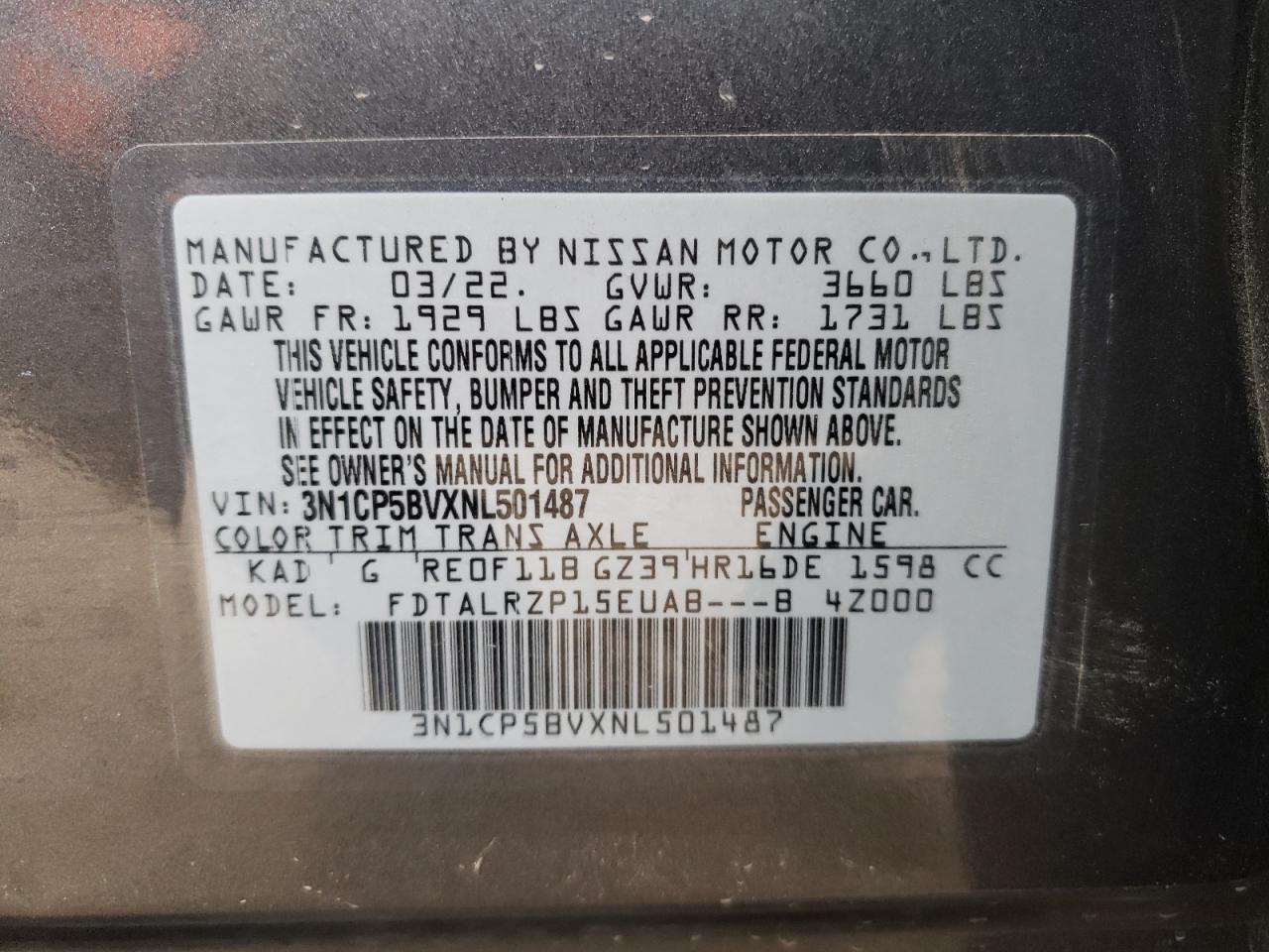 2022 NISSAN KICKS S VIN:3N1CP5BVXNL501487