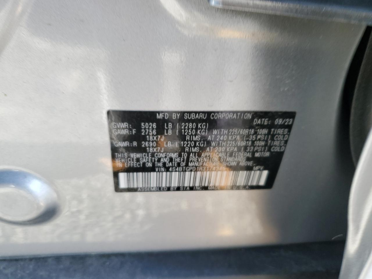 2024 SUBARU OUTBACK TOURING VIN:4S4BTGPD1R3174345