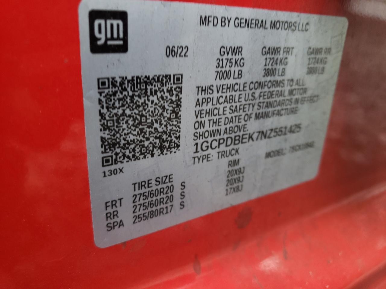 2022 CHEVROLET SILVERADO K1500 CUSTOM VIN:1GCPDBEK7NZ551425