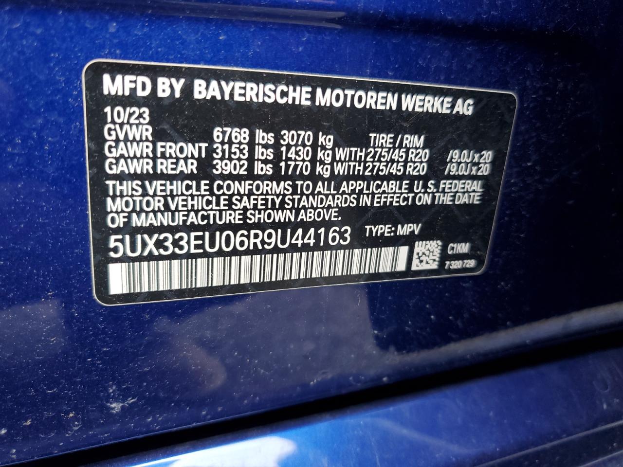 2024 BMW X5 M60I VIN:5UX33EU06R9U44163