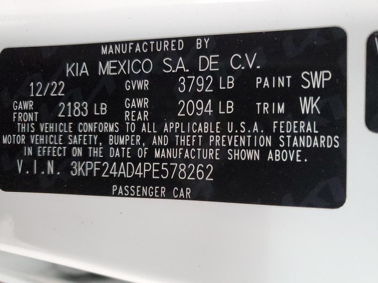 2023 KIA FORTE LX VIN:3KPF24AD4PE578262