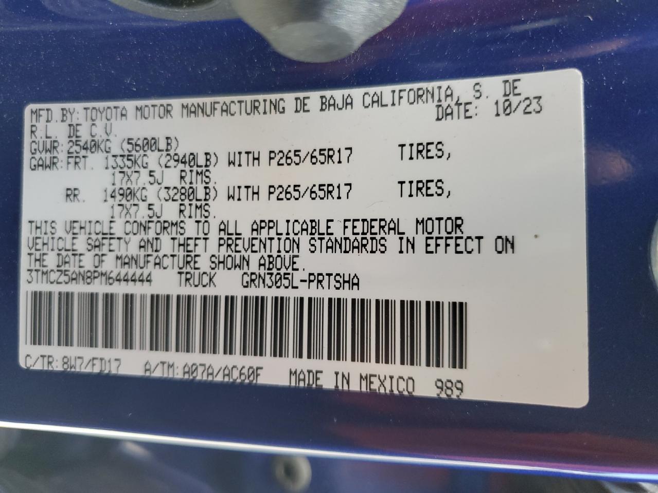 2023 TOYOTA TACOMA DOUBLE CAB VIN:3TMCZ5AN8PM644444
