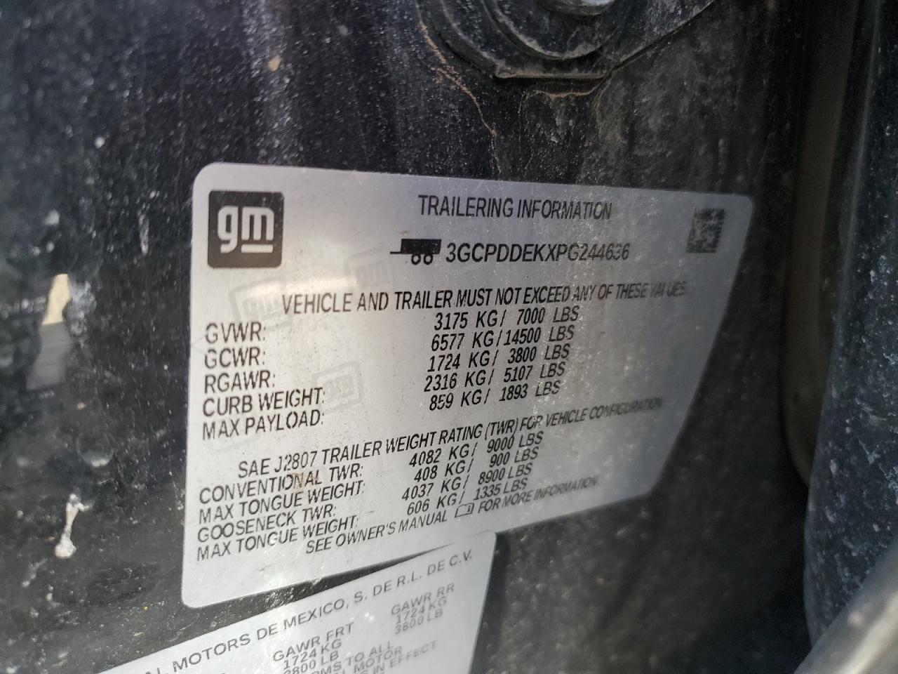 2023 CHEVROLET SILVERADO K1500 LT VIN:3GCPDDEKXPG244636