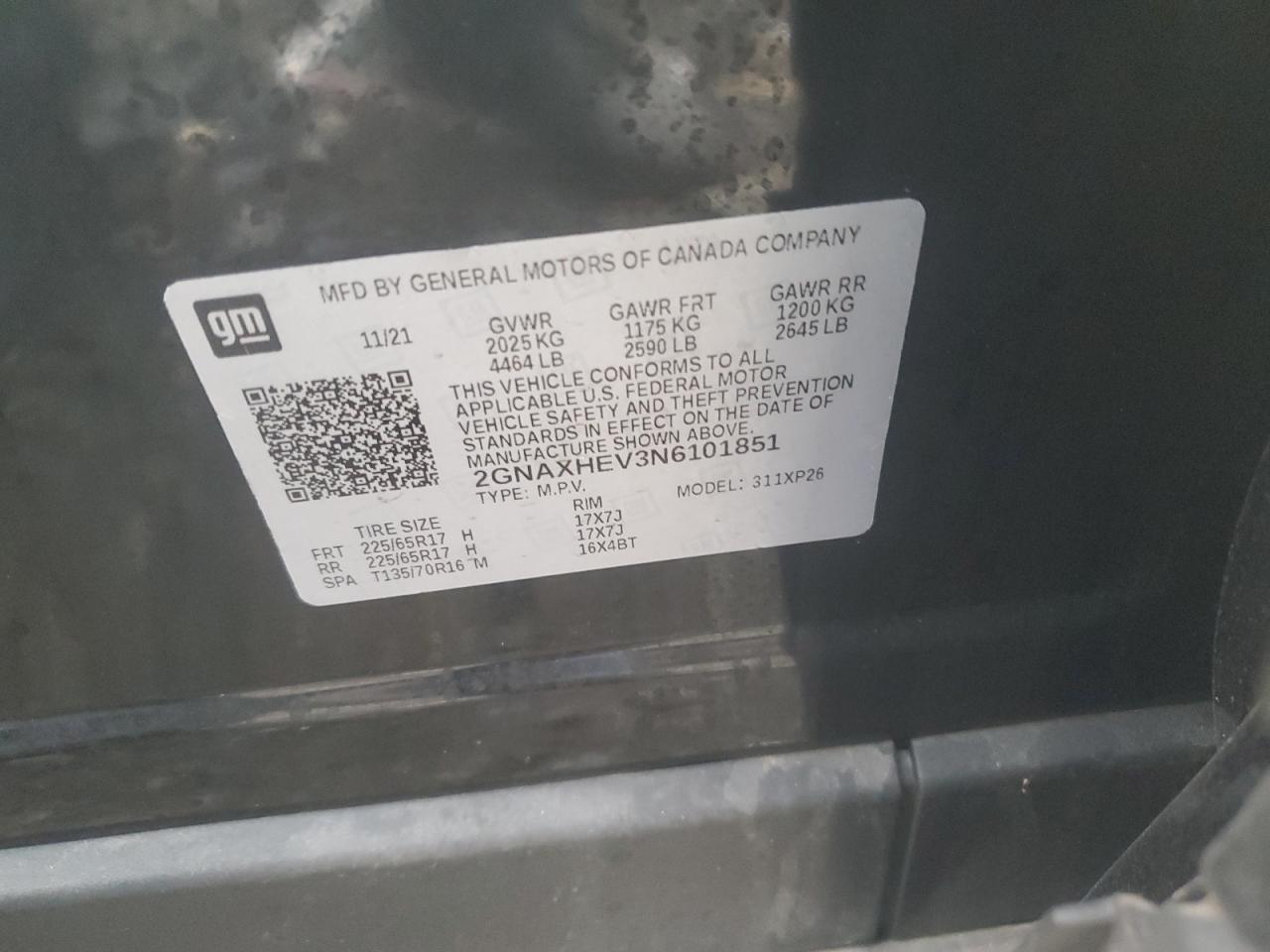 2022 CHEVROLET EQUINOX LS VIN:2GNAXHEV3N6101851