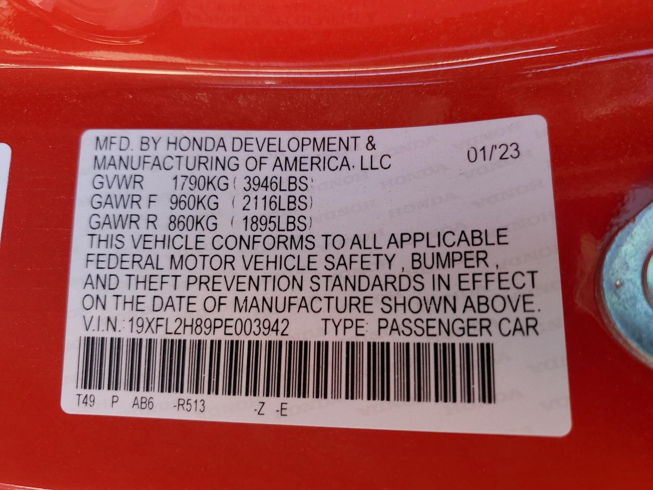 2023 HONDA CIVIC SPORT VIN:19XFL2H89PE003942