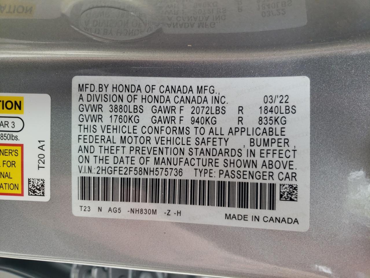 2022 HONDA CIVIC SPORT VIN:2HGFE2F58NH575736