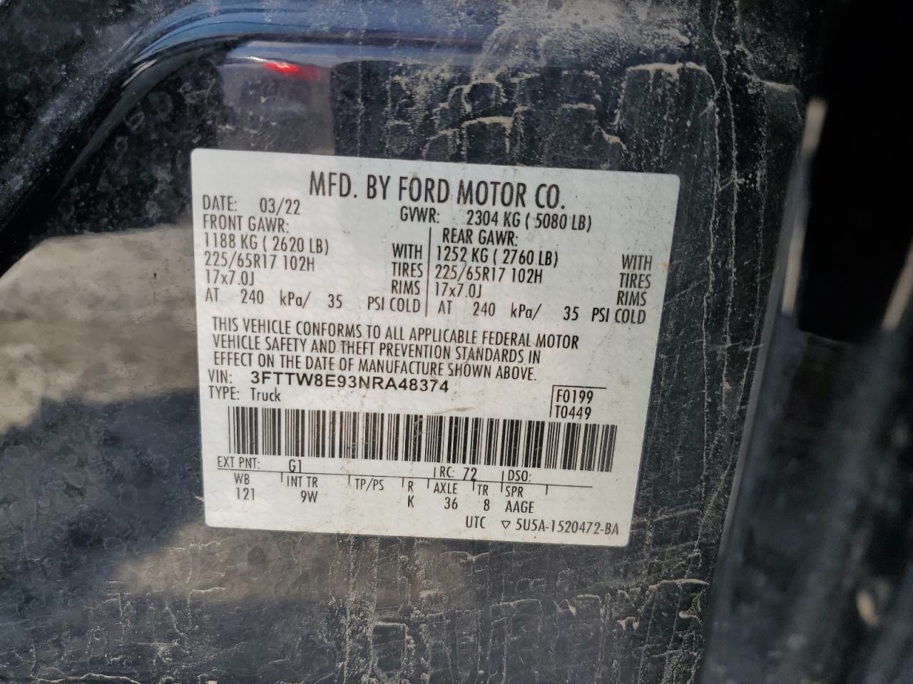 2022 FORD MAVERICK XL VIN:3FTTW8E93NRA48374