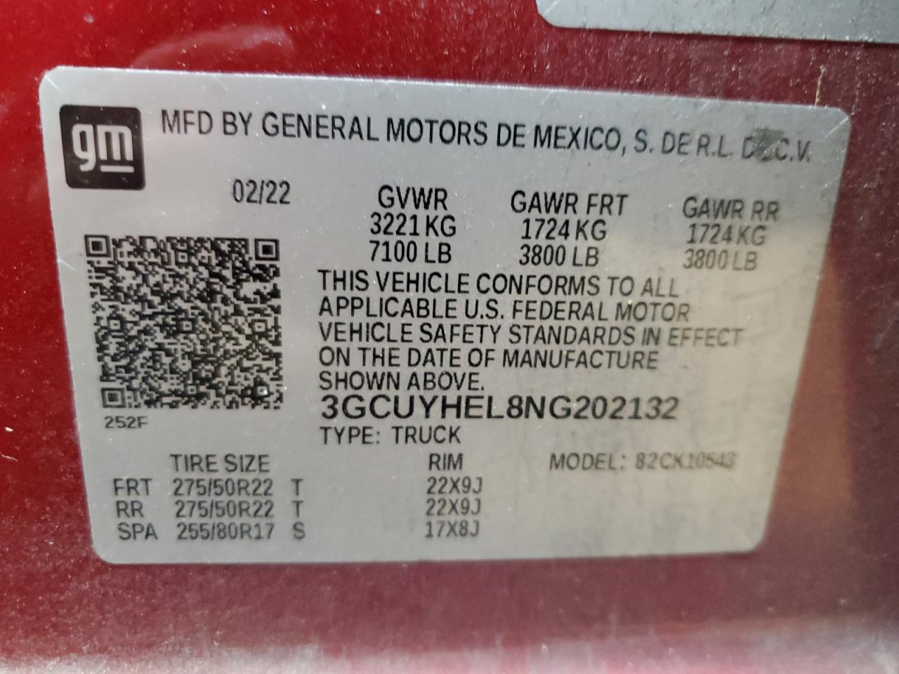 2022 CHEVROLET SILVERADO LTD K1500 HIGH COUNTRY VIN:3GCUYHEL8NG202132