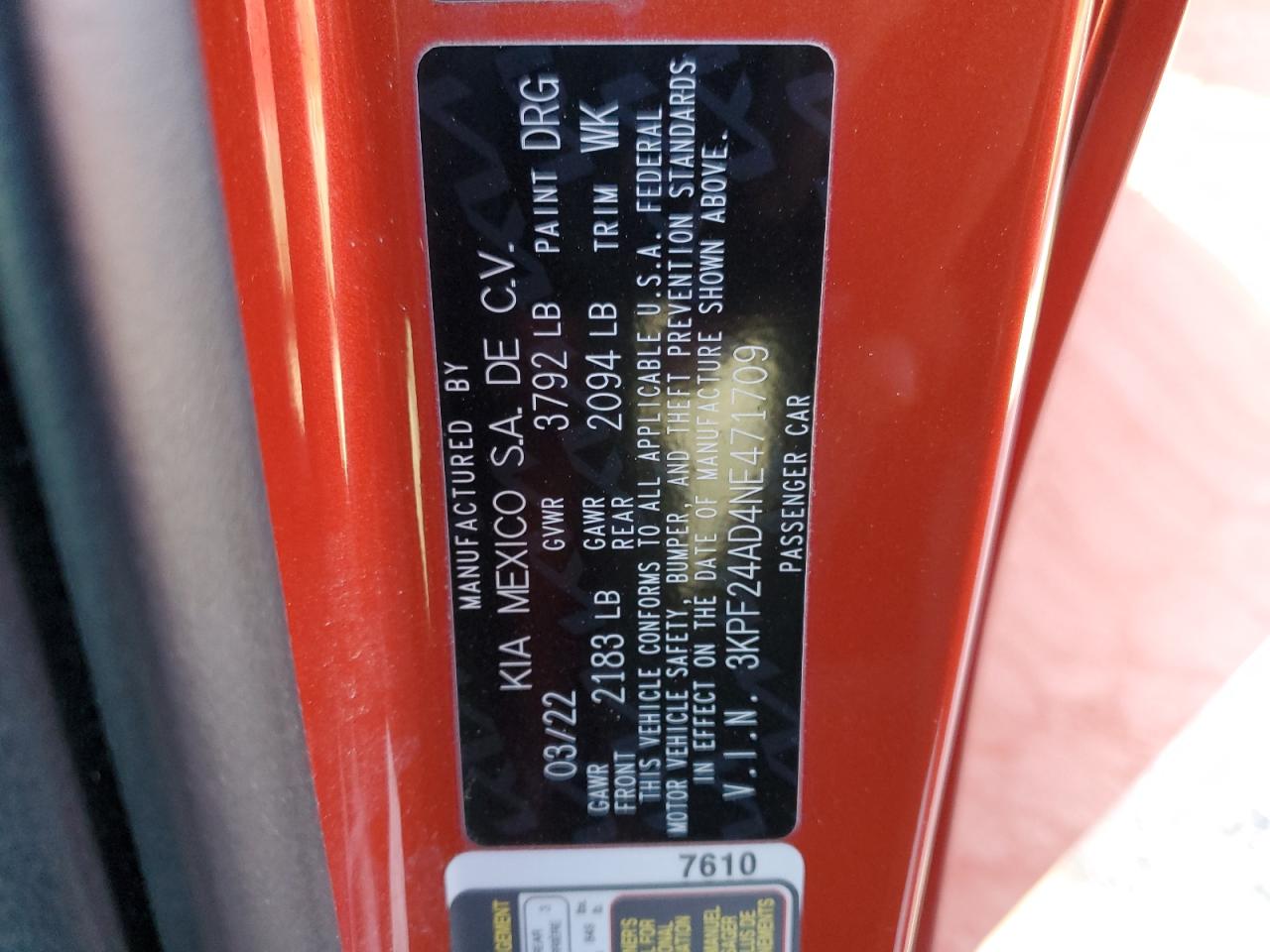 2022 KIA FORTE FE VIN:3KPF24AD4NE471709