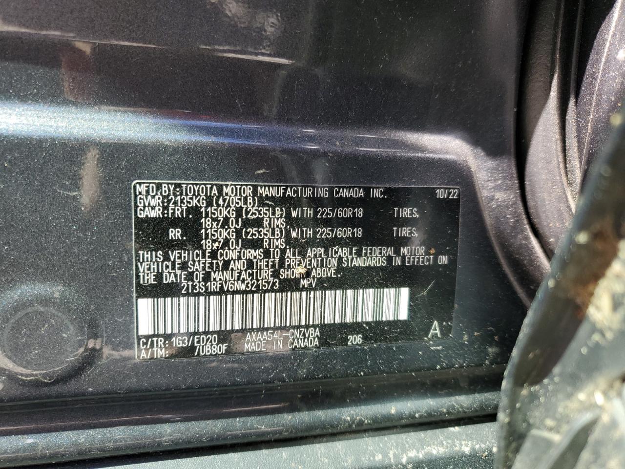 2022 TOYOTA RAV4 TRD OFF ROAD VIN:2T3S1RFV6NW321573