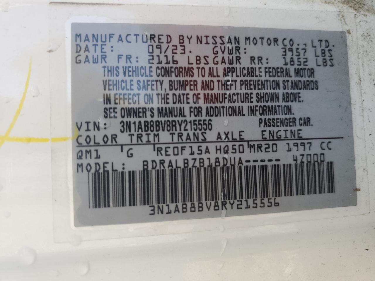 2024 NISSAN SENTRA S VIN:3N1AB8BV8RY215556