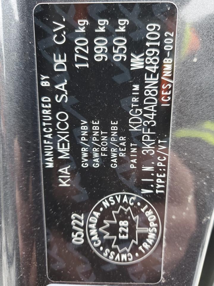 2022 KIA FORTE GT LINE VIN:3KPF34AD8NE489109