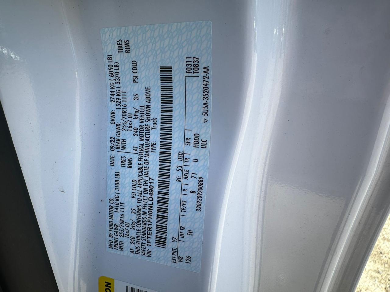 2022 FORD RANGER XL VIN:1FTER1FH0NLD49017