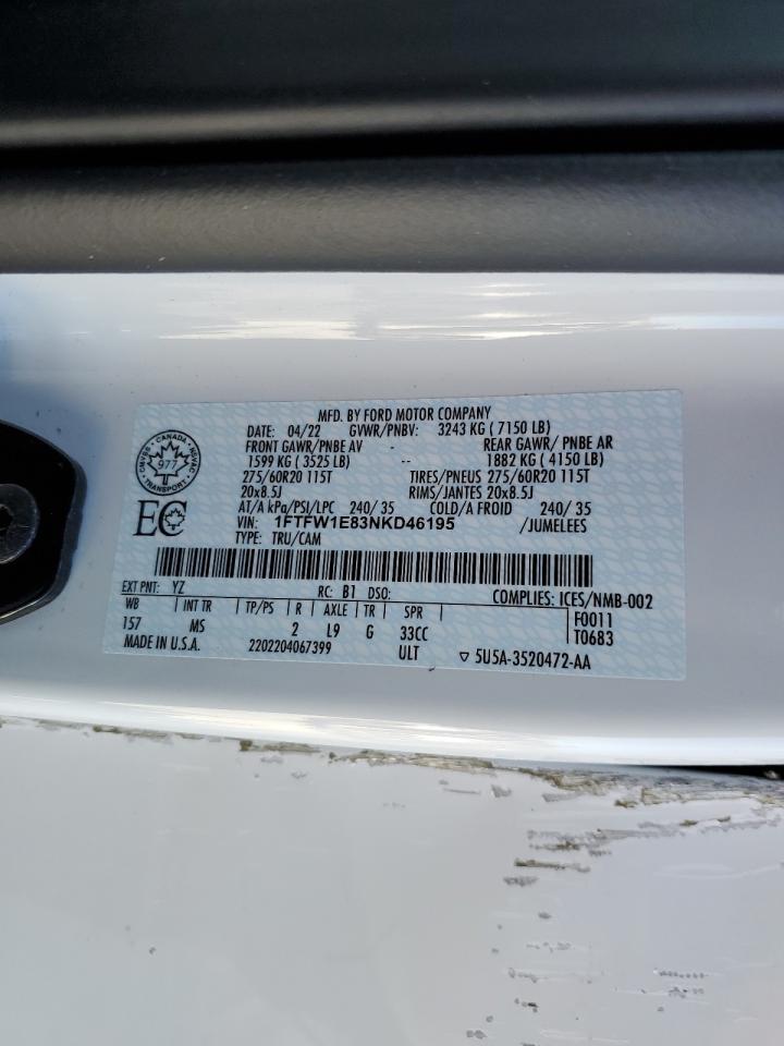 2022 FORD F150 SUPERCREW VIN:1FTFW1E83NKD46195