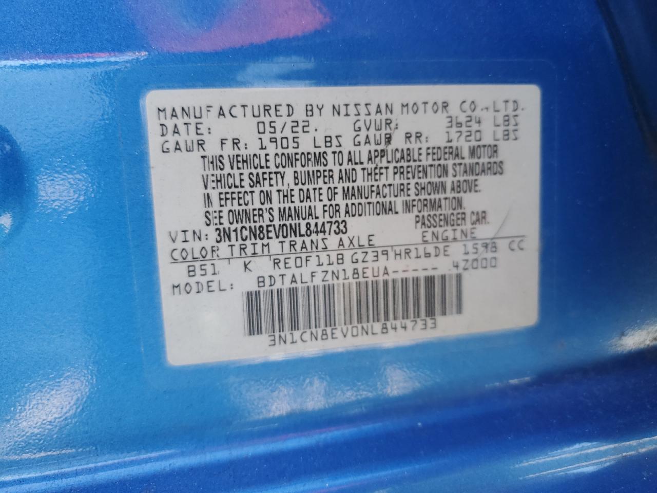 2022 NISSAN VERSA SV VIN:3N1CN8EV0NL844733