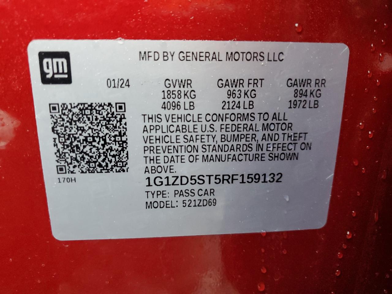 2024 CHEVROLET MALIBU LT VIN:1G1ZD5ST5RF159132