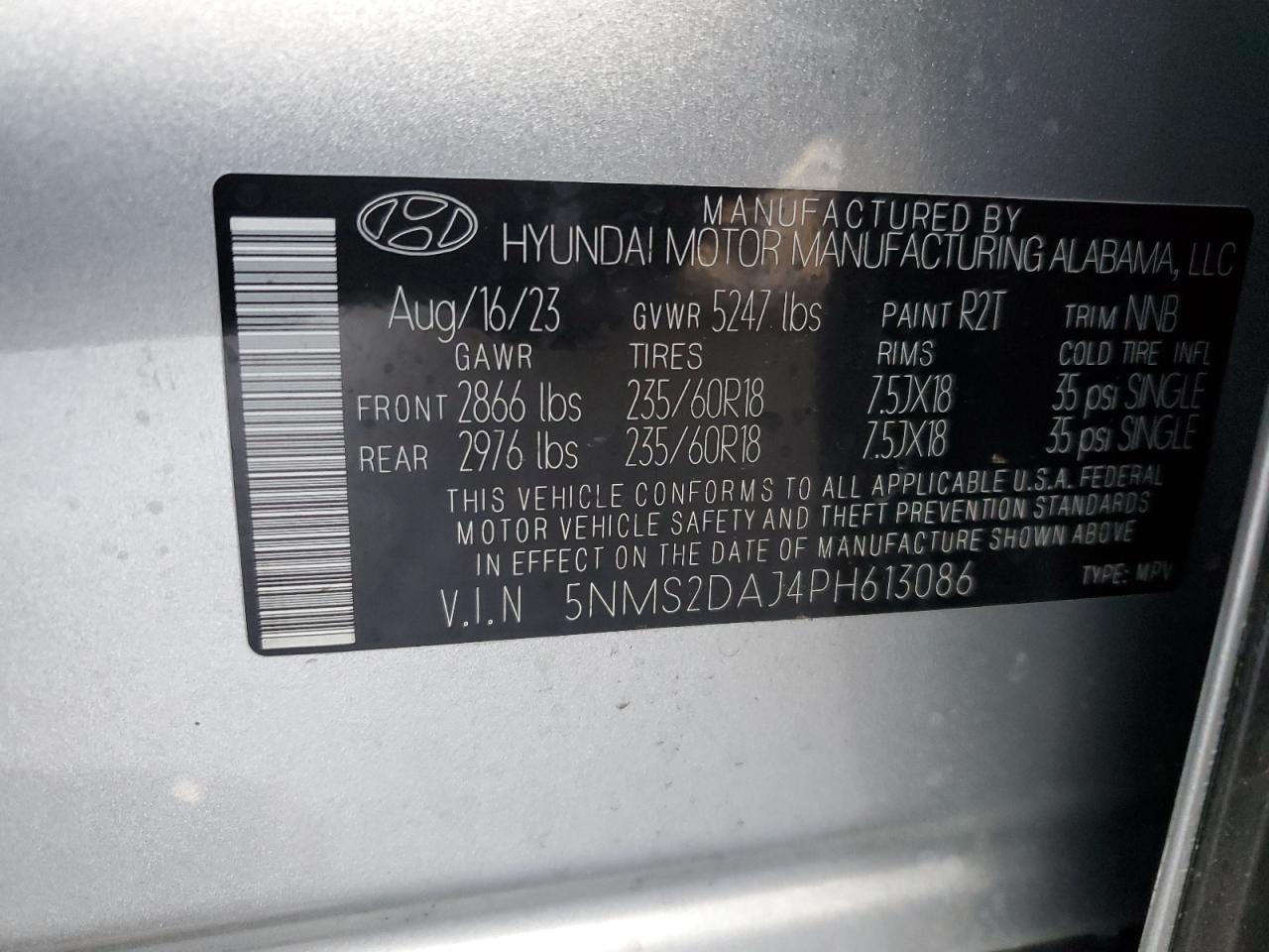 2023 HYUNDAI SANTA FE SEL VIN:5NMS2DAJ4PH613086