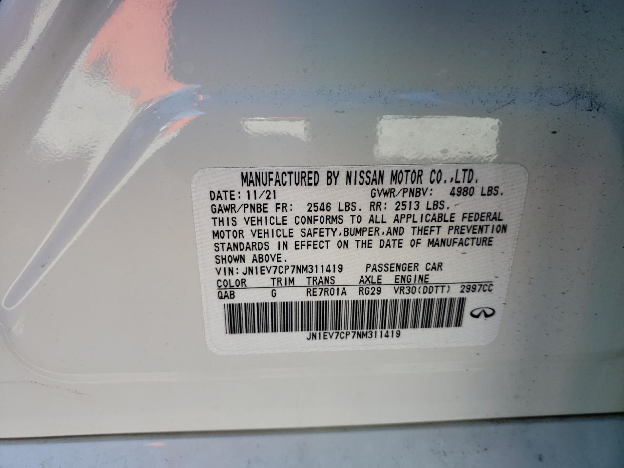 2022 INFINITI Q50 SENSORY VIN:JN1EV7CP7NM311419