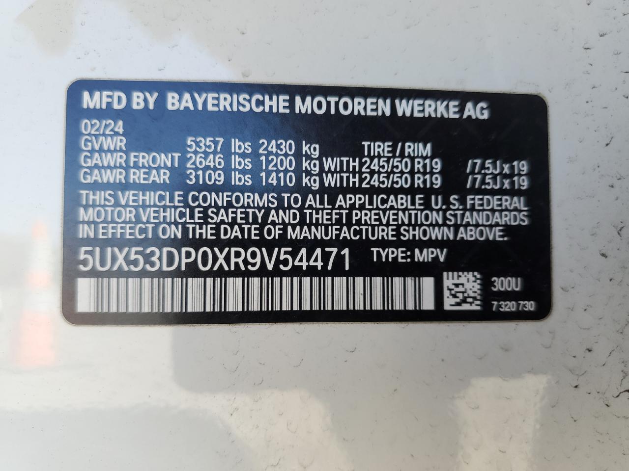 2024 BMW X3 XDRIVE30I VIN:5UX53DP0XR9V54471