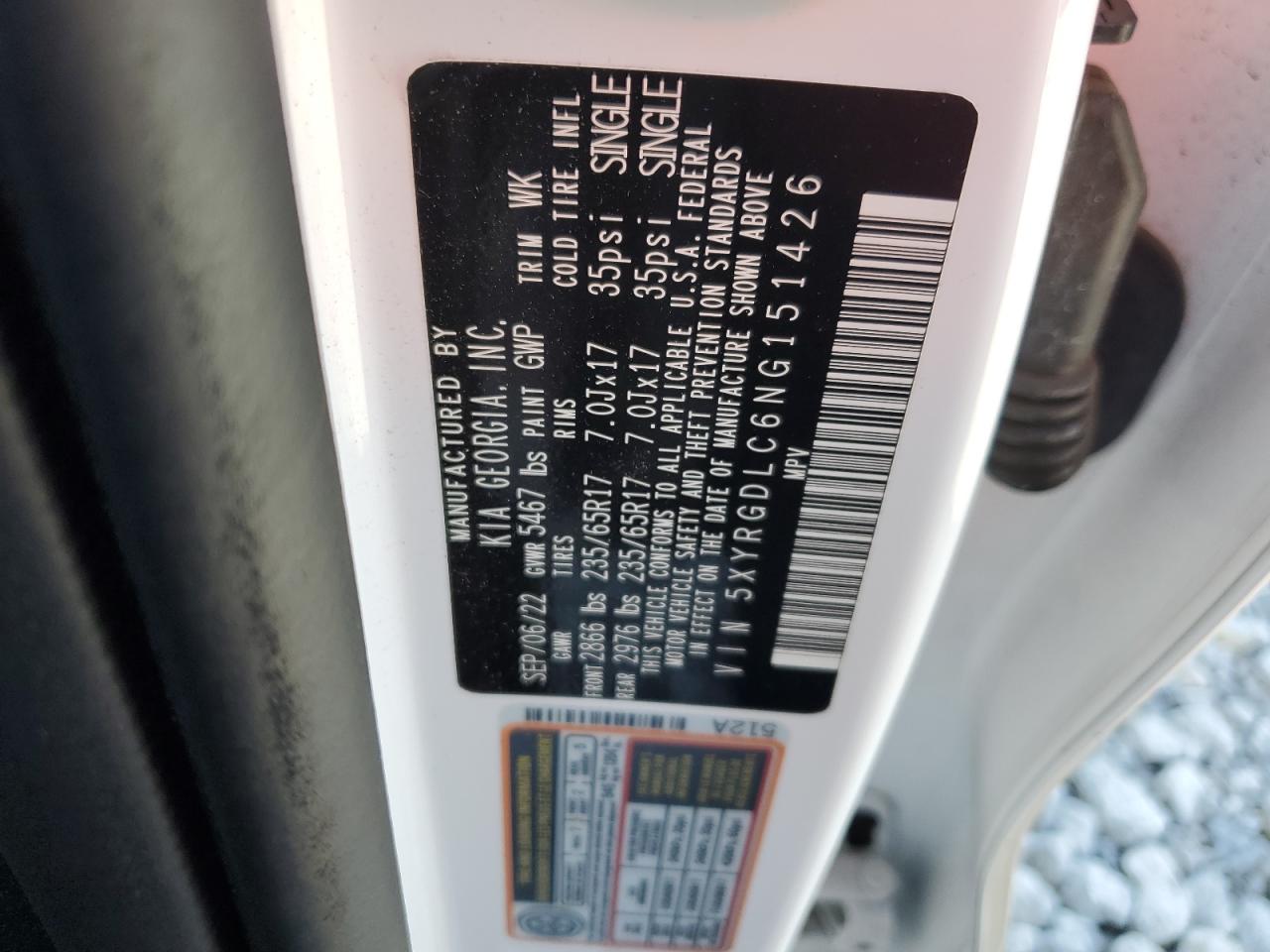 2022 KIA SORENTO LX VIN:5XYRGDLC6NG151426