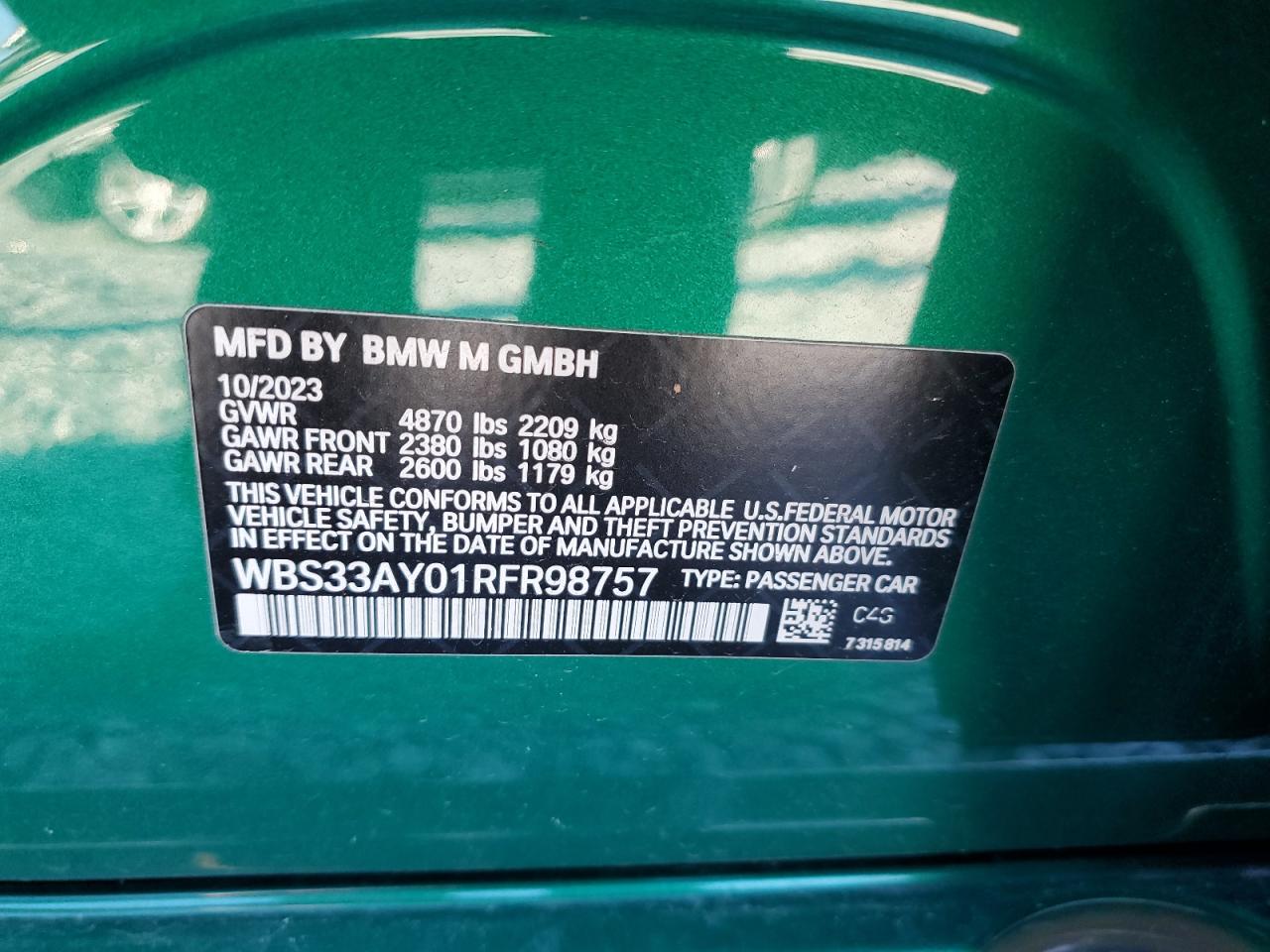 2024 BMW M3 COMPETITION VIN:WBS33AY01RFR98757