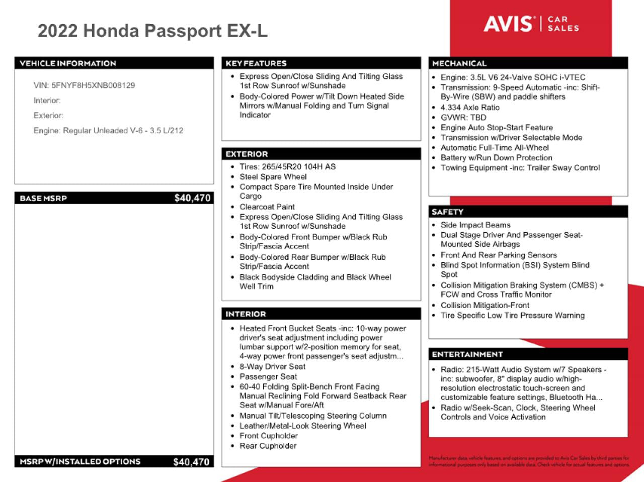 2022 HONDA PASSPORT EXL VIN:5FNYF8H5XNB008129