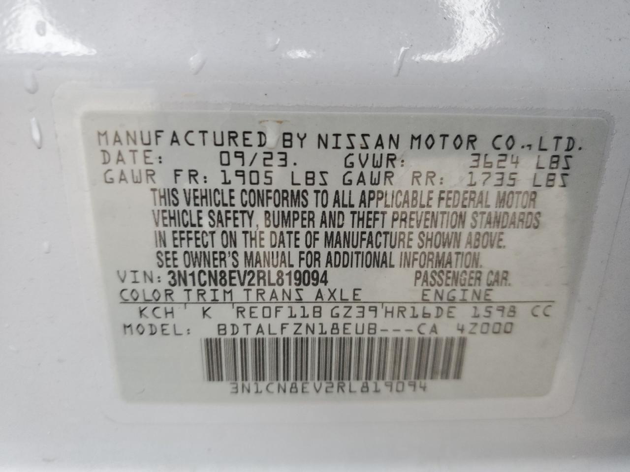 2024 NISSAN VERSA SV VIN:3N1CN8EV2RL819094