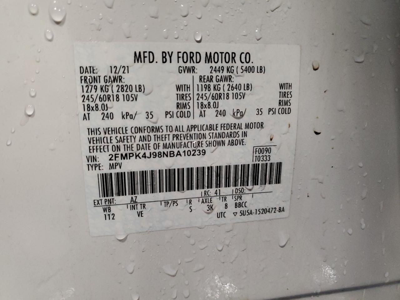2022 FORD EDGE SEL VIN:2FMPK4J98NBA10239
