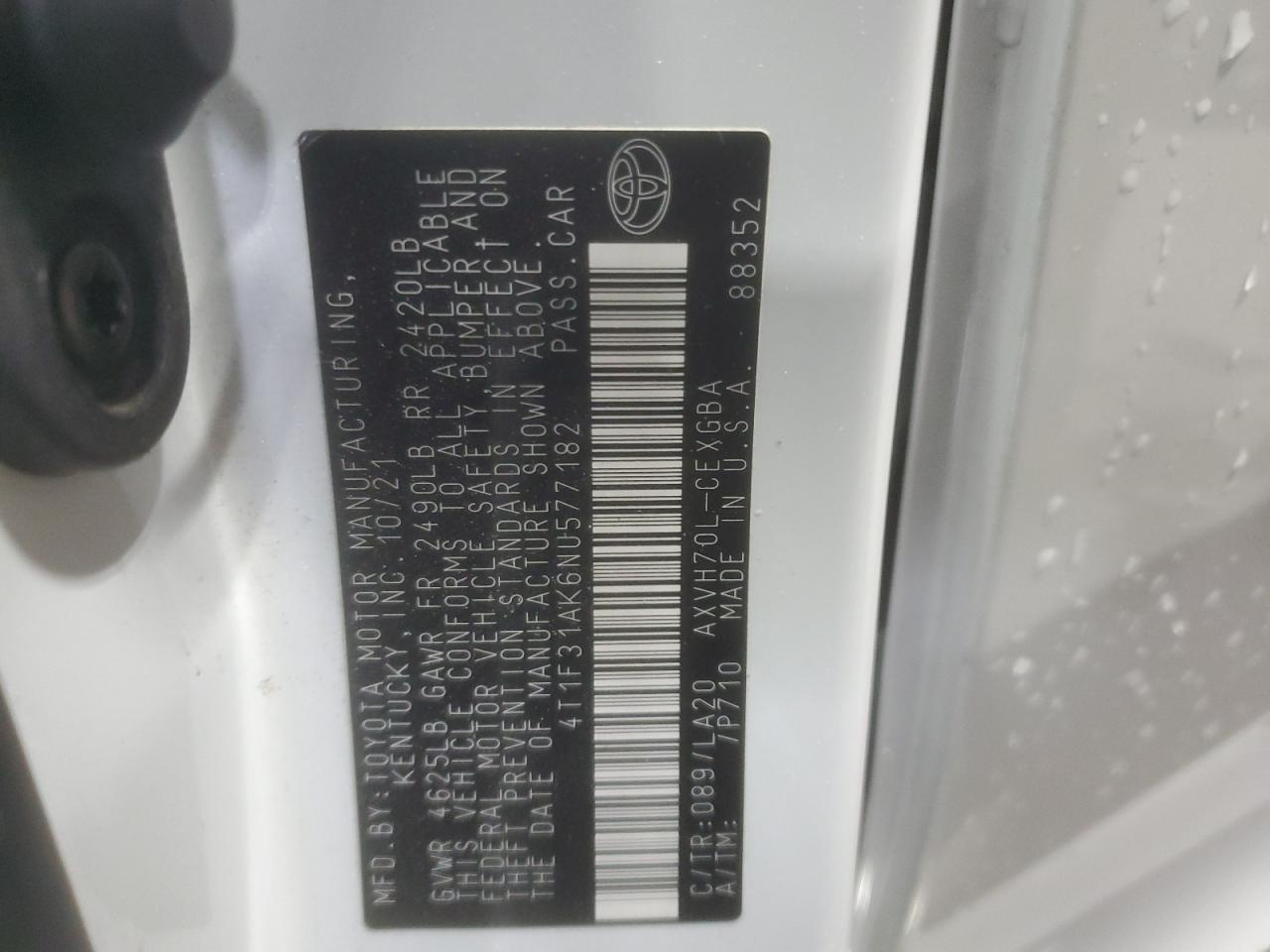 2022 TOYOTA CAMRY XLE VIN:4T1F31AK6NU577182