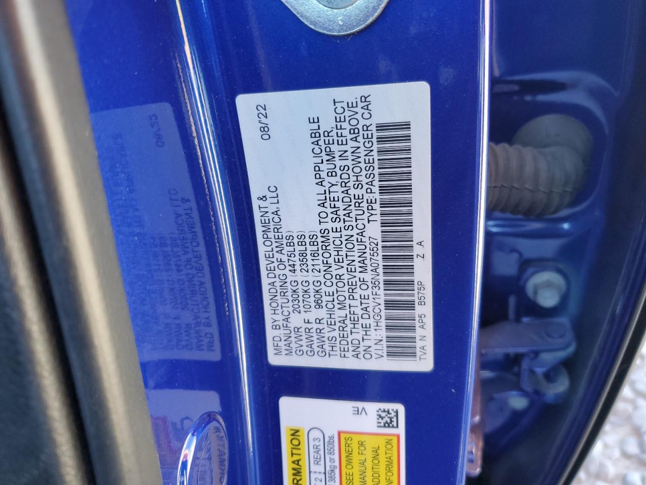 2022 HONDA ACCORD SPORT VIN:1HGCV1F35NA075527