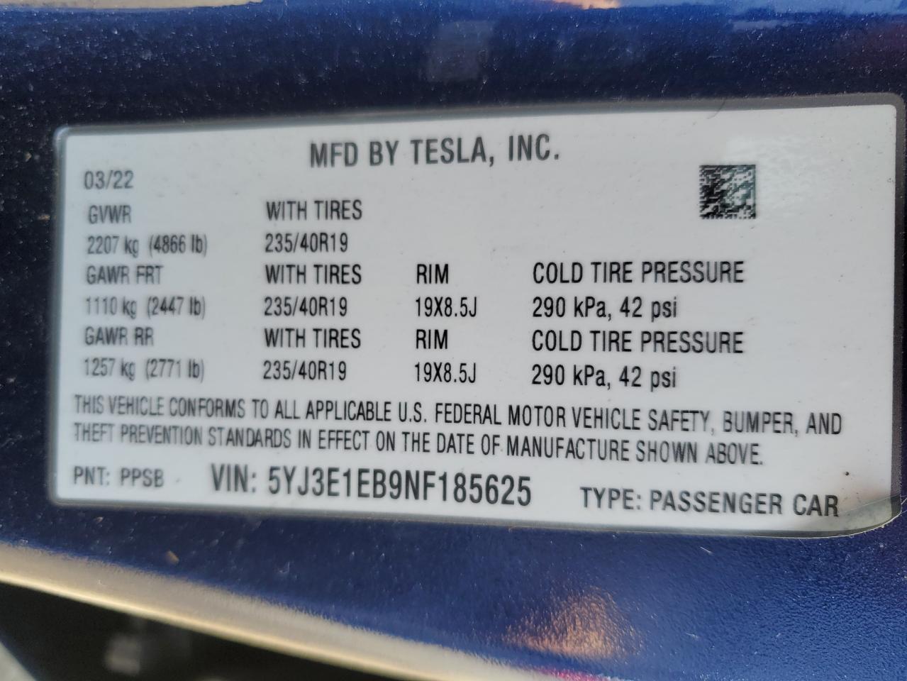 2022 TESLA MODEL 3  VIN:5YJ3E1EB9NF185625