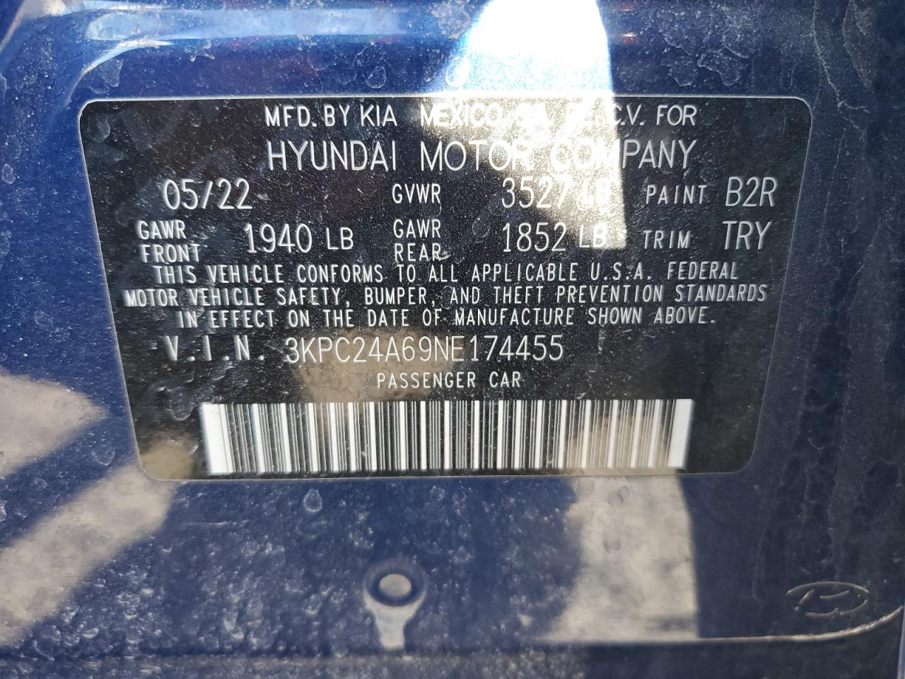 2022 HYUNDAI ACCENT SE VIN:3KPC24A69NE174455