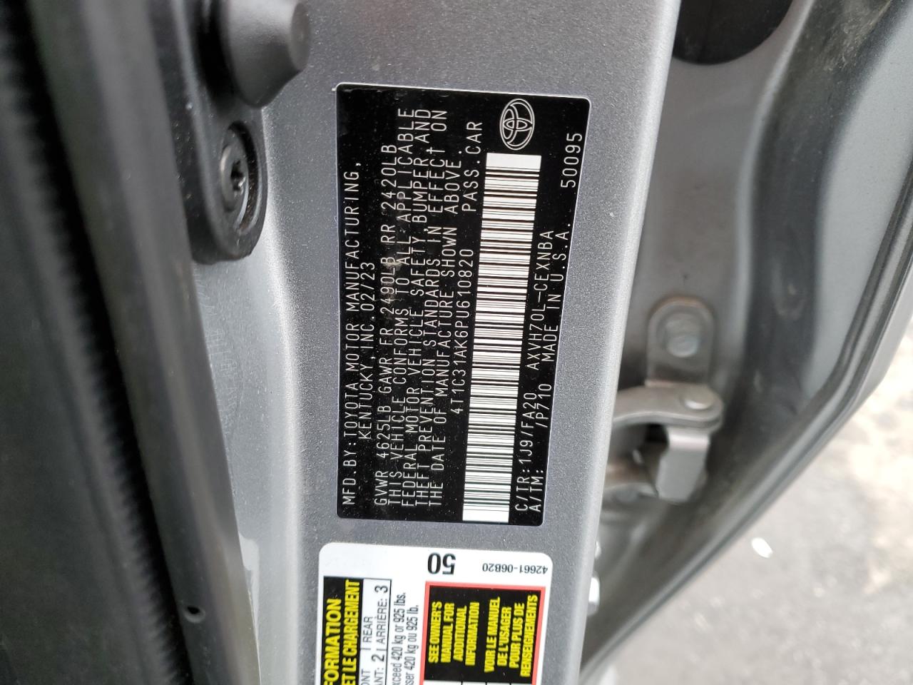 2023 TOYOTA CAMRY LE VIN:4T1C31AK6PU610820