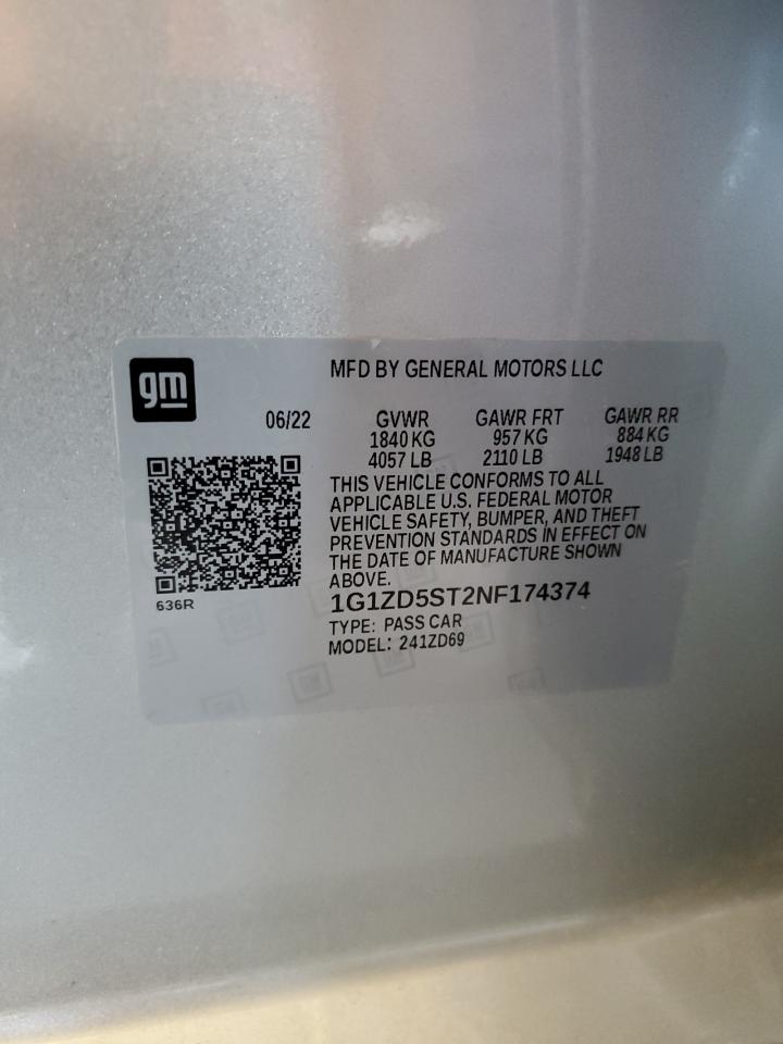 2022 CHEVROLET MALIBU LT VIN:1G1ZD5ST2NF174374