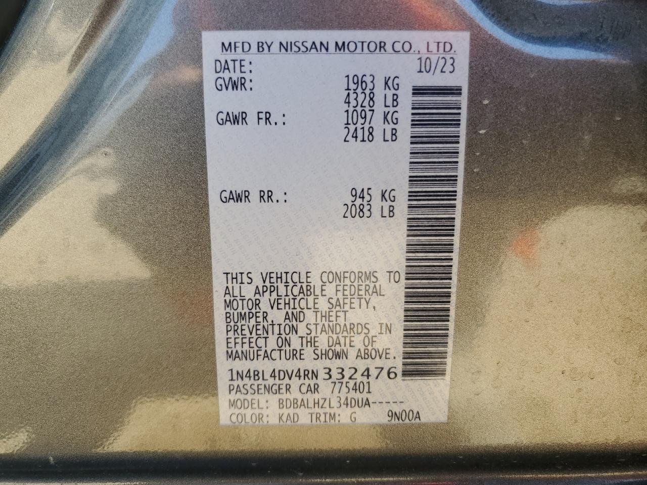 2024 NISSAN ALTIMA SV VIN:1N4BL4DV4RN332476