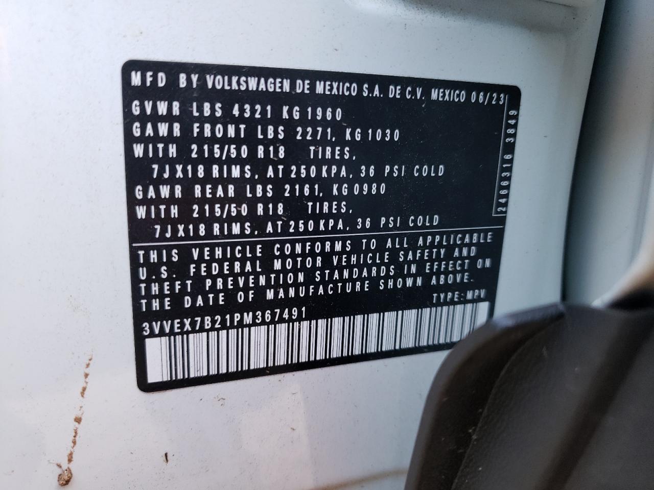 2023 VOLKSWAGEN TAOS SE VIN:3VVEX7B21PM367491