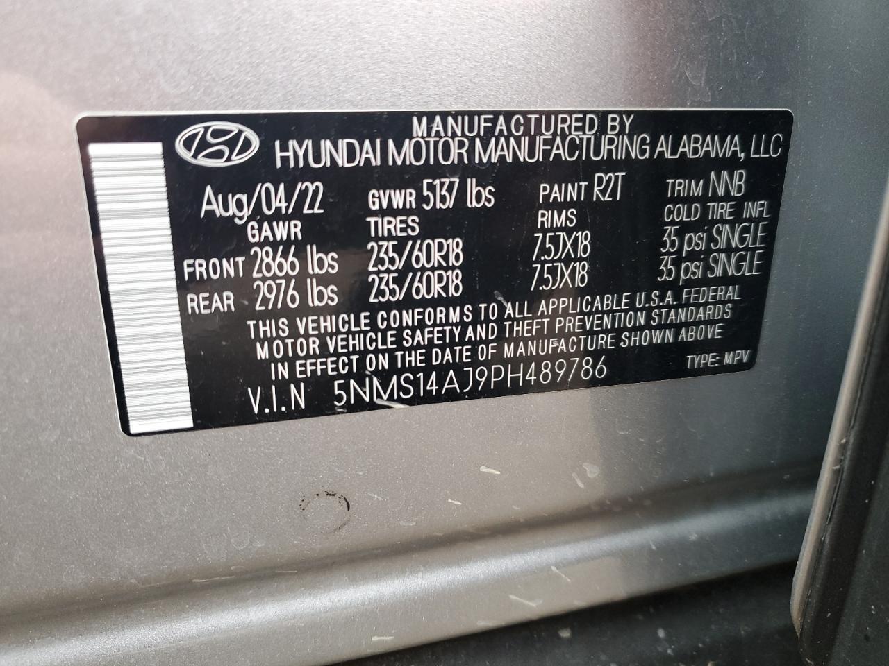 2023 HYUNDAI SANTA FE SE VIN:5NMS14AJ9PH489786