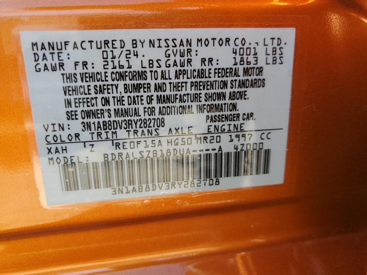 2024 NISSAN SENTRA SR VIN:3N1AB8DV3RY282708