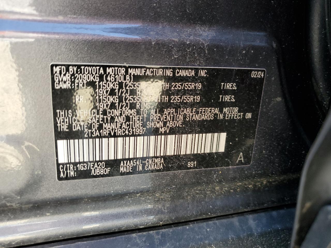 2024 TOYOTA RAV4 XLE PREMIUM VIN:2T3A1RFV1RC431997