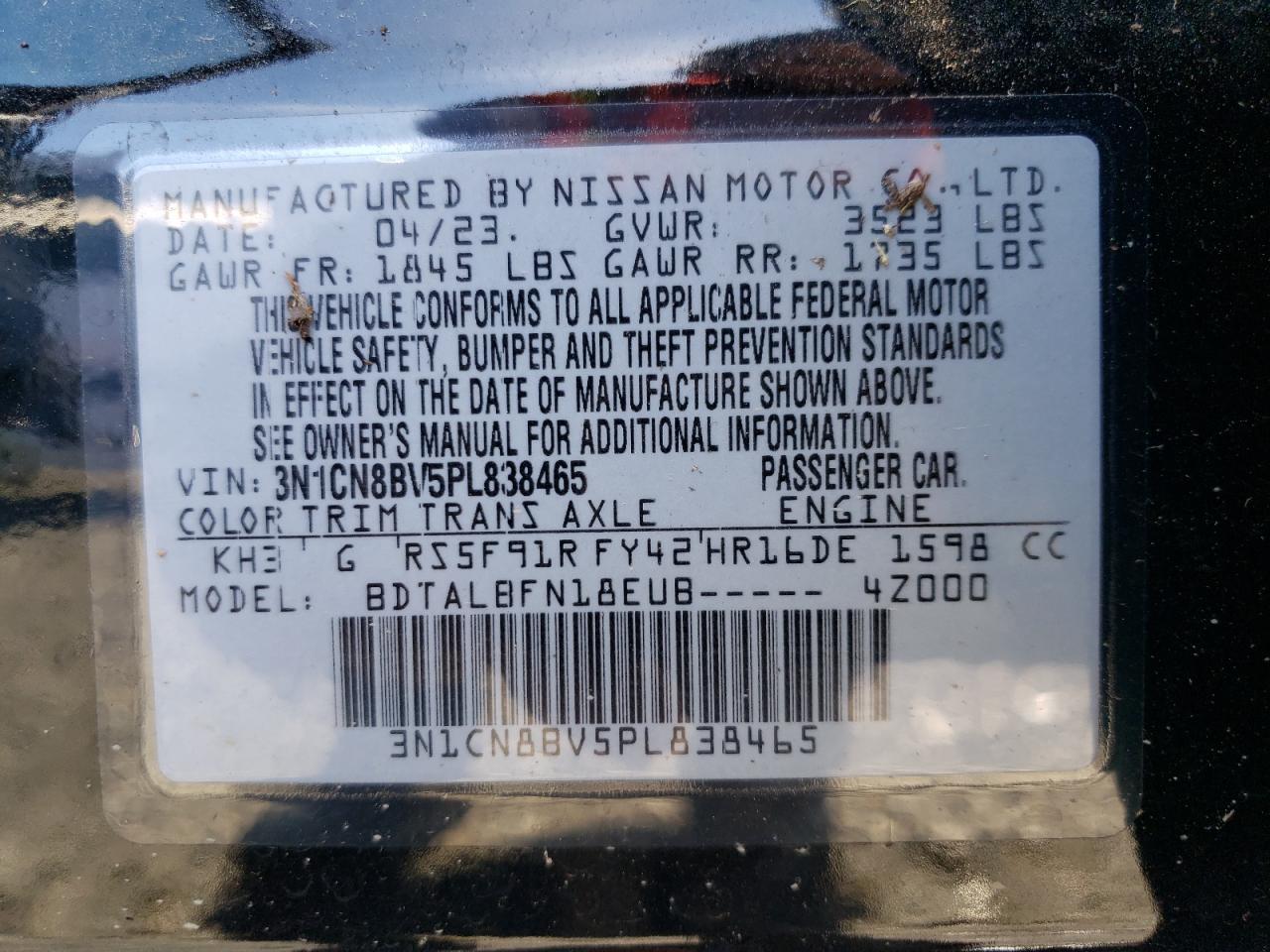 2023 NISSAN VERSA S VIN:WP0AA2A8XNS255297