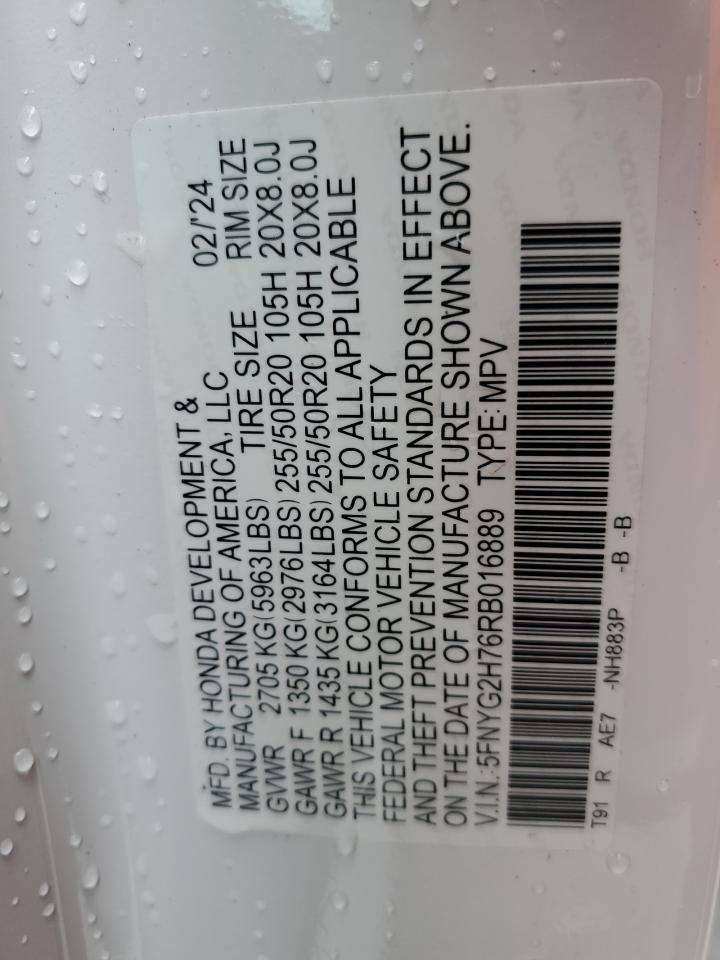 2024 HONDA PILOT TOURING VIN:5FNYG2H76RB016889