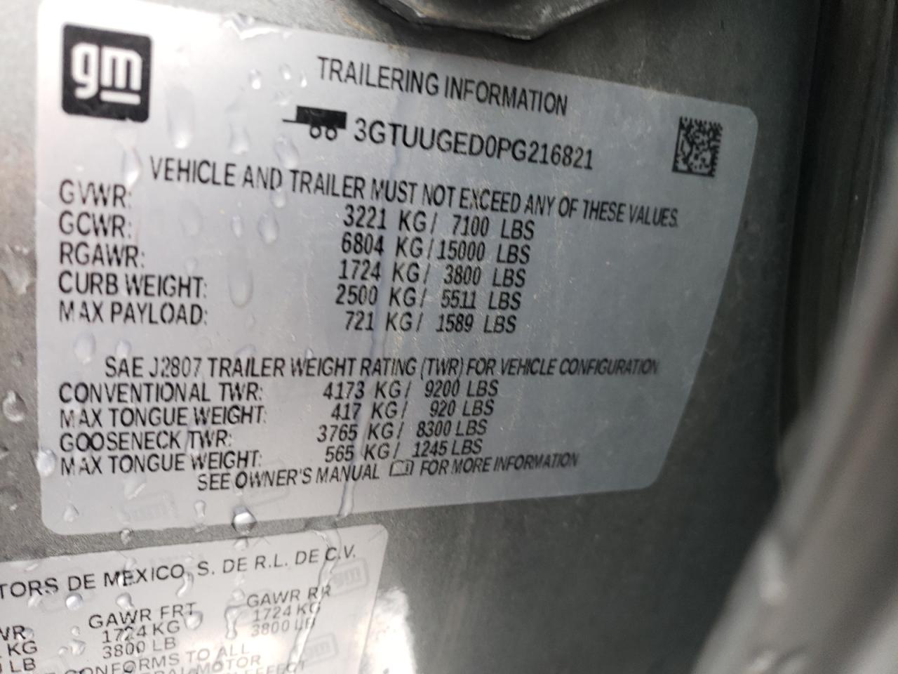 2023 GMC SIERRA K1500 DENALI VIN:3GTUUGED0PG216821