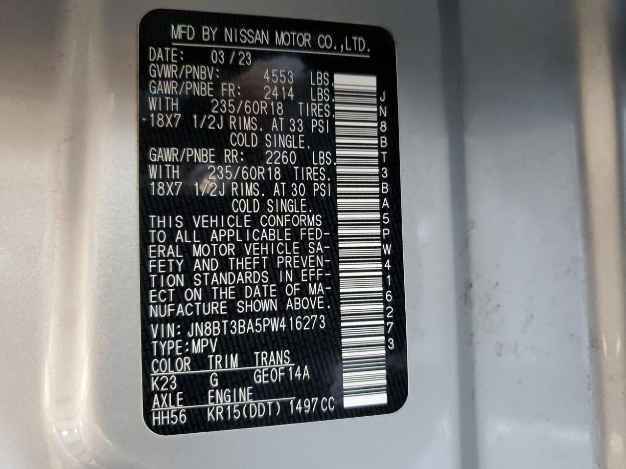2023 NISSAN ROGUE SV VIN:JN8BT3BA5PW416273