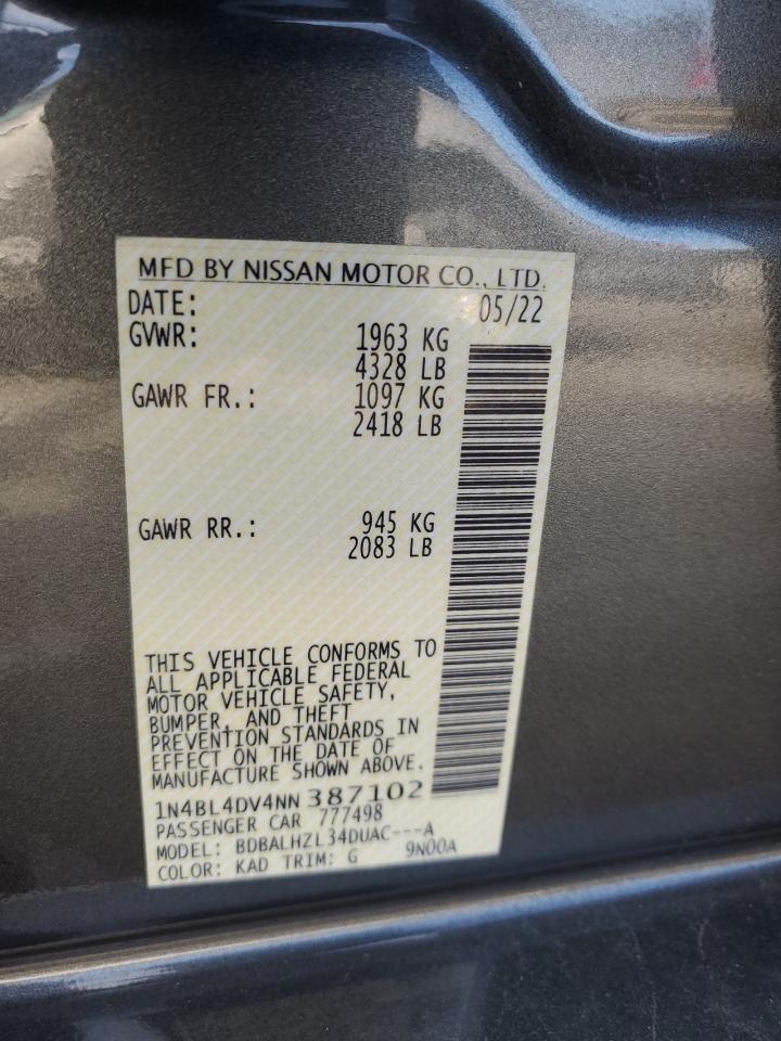 2022 NISSAN ALTIMA SV VIN:1N4BL4DV4NN387102