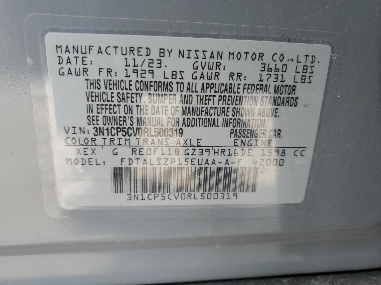 2024 NISSAN KICKS SV VIN:3N1CP5CV0RL500319