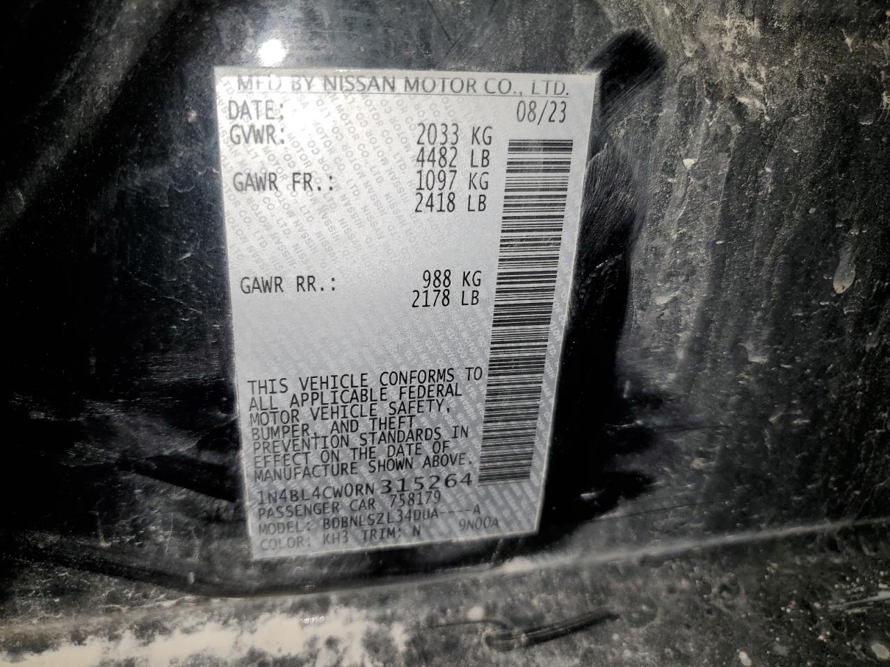 2024 NISSAN ALTIMA SR VIN:1N4BL4CW0RN315264