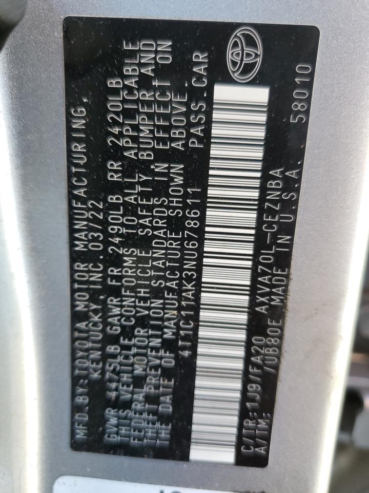 2022 TOYOTA CAMRY LE VIN:4T1C11AK3NU678611